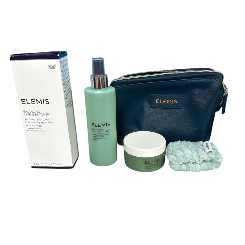 ELEMIS Navy Cosmetic Pouch with Mint Green Headband & Skincare bundle. New